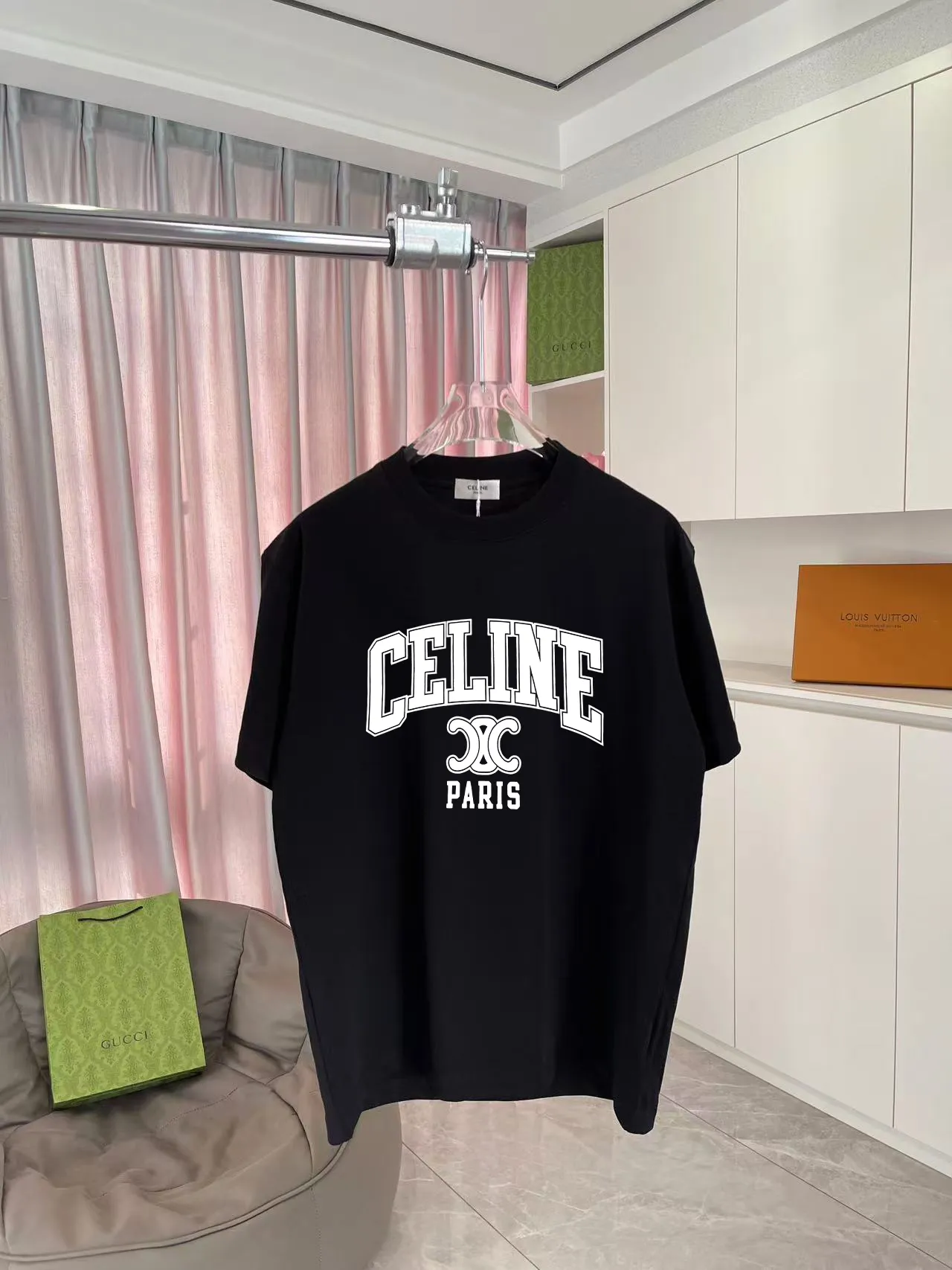 🅿️170 Celine Celine 2025 summer new style personalized letter logo printing customized fabric 300g short-sleeved T-shirt for men and women size: S M L XL XXL five sizes color: black white lake green purple