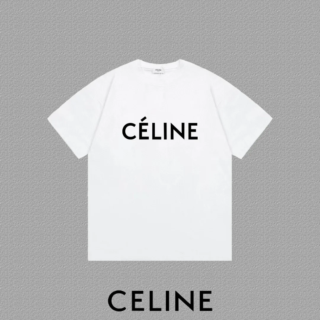 🅿️170 ✨🔥 [CELINE] 2025FW short-sleeved T-shirt, silicone thick plate letter LOGO, high-end 26s double yarn 300g fabric, heavy fabric, custom stretcher rib, same cylinder and dye, complete three standards, same style for men and women, color: black, white, size: S M L XL 2XL