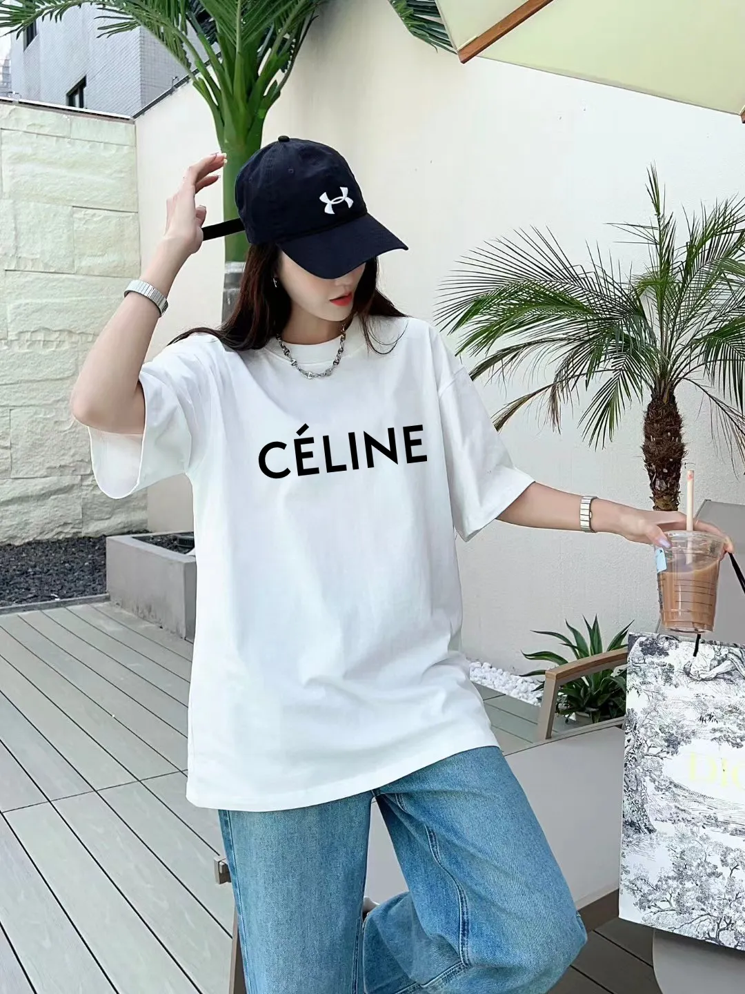 🅿️170 ✨🔥 [CELINE] 2025FW short-sleeved T-shirt, silicone thick plate letter LOGO, high-end 26s double yarn 300g fabric, heavy fabric, custom stretcher rib, same cylinder and dye, complete three standards, same style for men and women, color: black, white, size: S M L XL 2XL