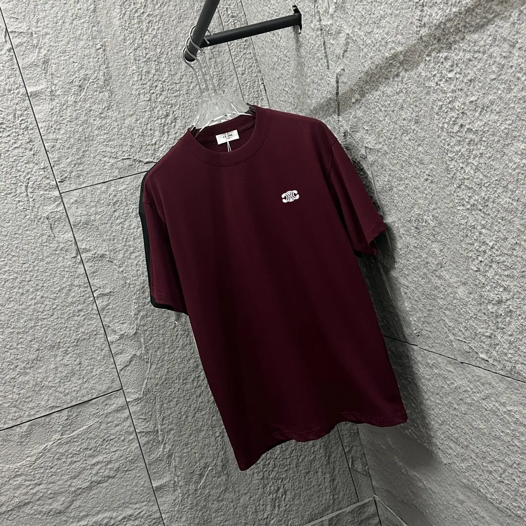 🅿️180 Celi* Celi Celin 2025 Spring and Summer Style Simple letter small embroidery personalized logo Customized double yarn plain cotton fabric Short-sleeved T-shirt Uniform for men and women Color: Black White Angora Red Floral Gray Size: S (90-130 catties) M (120-150 catties) L (140-165 catties) XL (160-180 pounds) XXL (180-210 pounds)