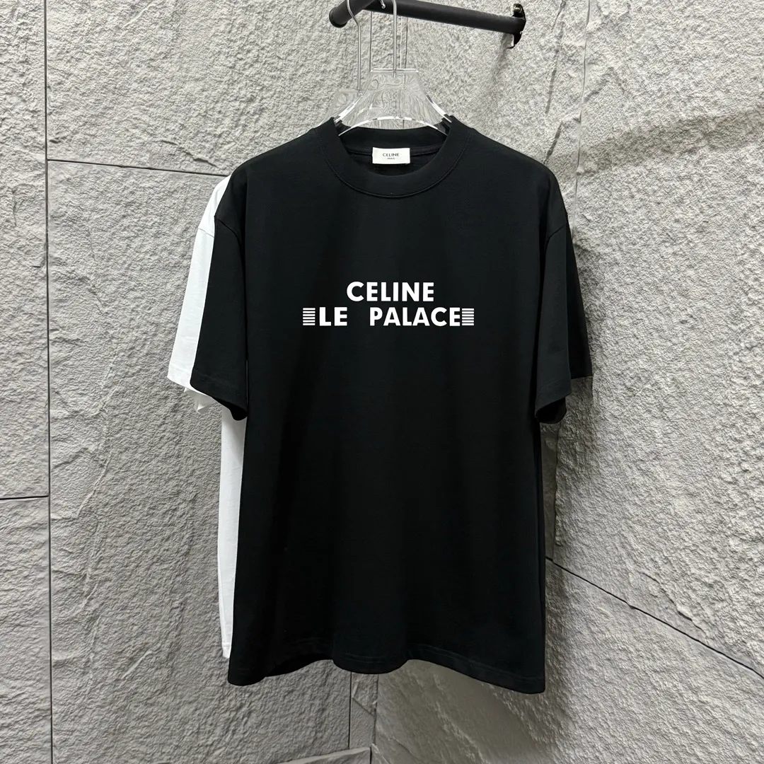 🅿️180 Celi*ne 2025 spring and summer style, simple letters, three-dimensional silicone technology, personalized logo, customized double yarn plain cotton fabric, short-sleeved T-shirt, same style for men and women. Size: S (90-130 catties) M (120-150 catties) L (140-165 catties) XL (160-180 catties) XXL (180-210 pounds) Color: black white