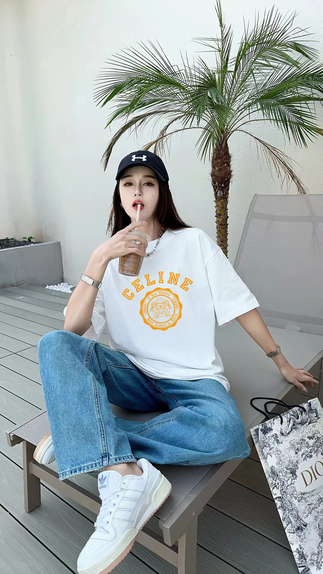 🅿️170 ✨🔥 [CELINE] 2025FW short-sleeved T-shirt, letter LOGO printing, high-end 26s double yarn 300g fabric, heavy fabric, custom stretcher rib, same vat and dye, complete three standards, same style for men and women, color: black, white, size: S M L XL 2XL