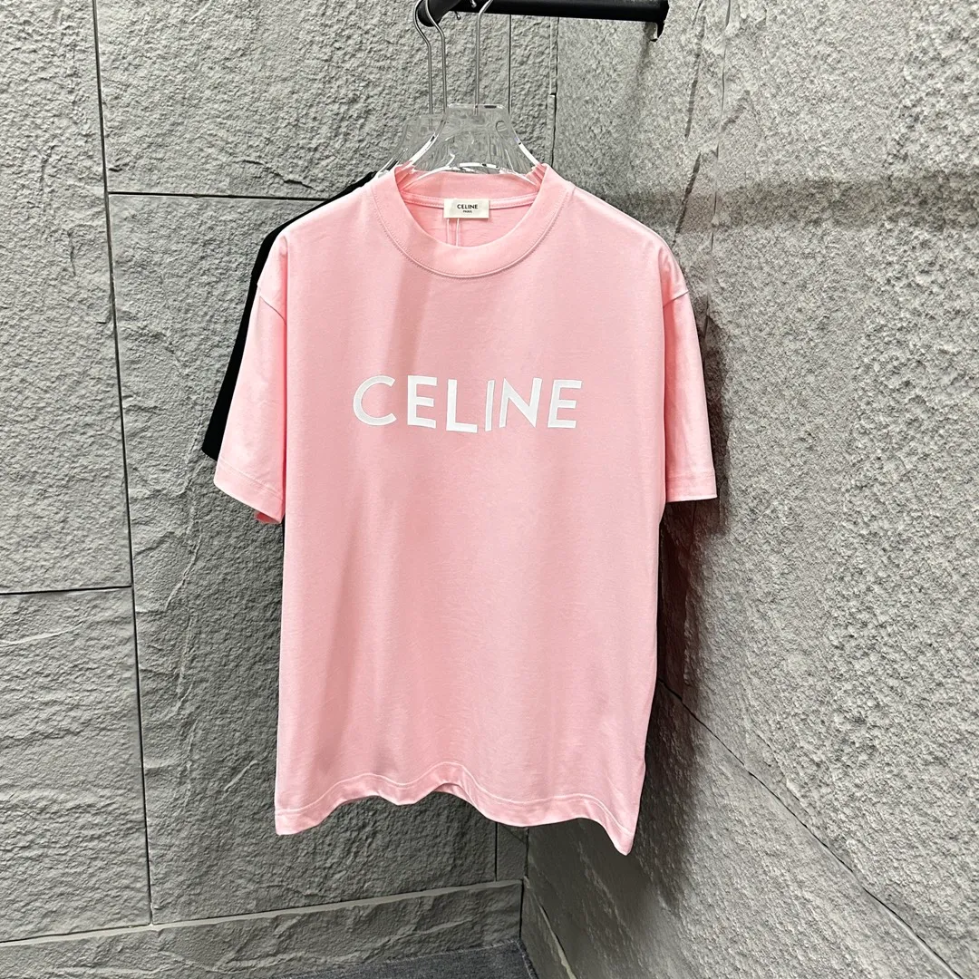 🅿️190 Celine* Celine 2025 Spring and Summer Style Simple letters three-dimensional silicone personalized logo Customized double yarn plain cotton fabric Short-sleeved T-shirt Unisex Size: S (90-130 catties) M (120-150 catties) L (140-165 catties) XL (160-180 catties) XXL (180-210 catties) Color: black white light pink