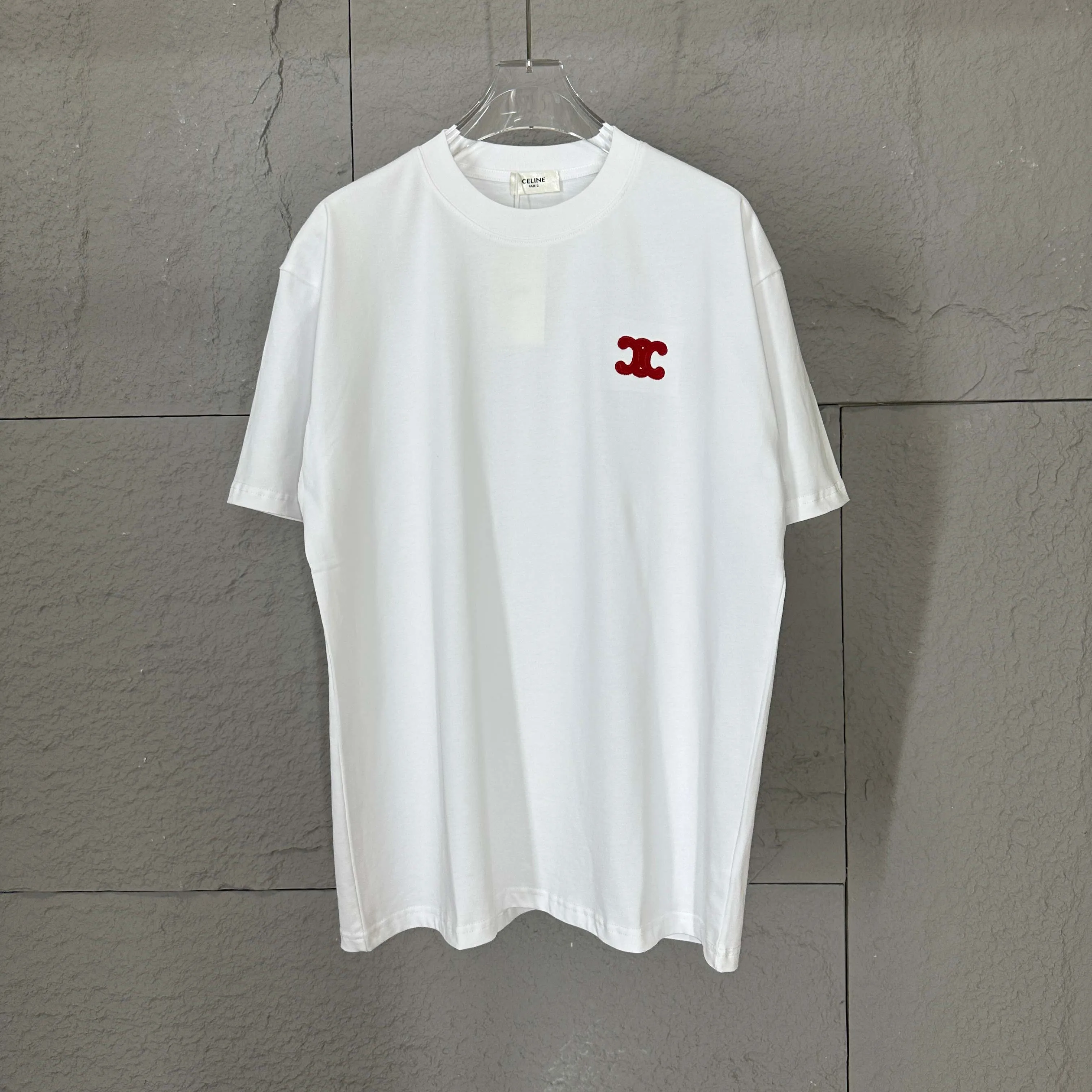 🅿️180 Celi* Celi Celin 2025 spring and summer style Simple double C red letter embroidery personalized logo Customized double yarn plain cotton fabric Short-sleeved T-shirt Unisex Size: S (90-130 catties) M (120-150 catties) L (140-165 catties) XL (160-180 catties) XXL (180-210 pounds) Color: black white