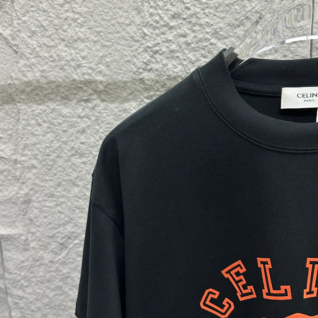 🅿️190 Celi* Celine 2025 spring and summer style Simple letter flocking process personalized logo Customized double yarn plain cotton fabric Short-sleeved T-shirt Unisex Size: S (90-130 catties) M (120-150 catties) L (140-165 catties) XL (160-180 catties) XXL (180-210 catties) Color: black white light pink