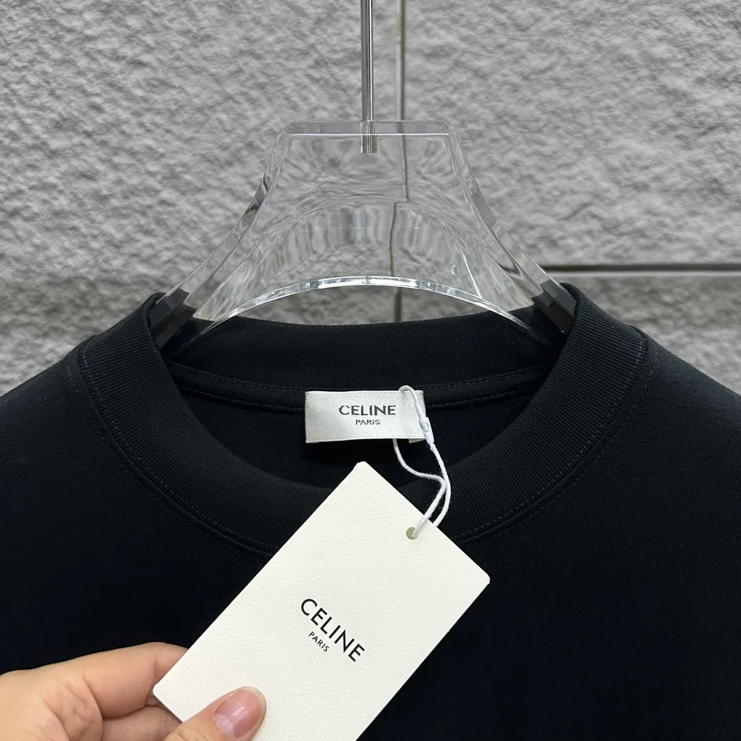 🅿️190 Celi* Celine 2025 spring and summer style Simple letter flocking process personalized logo Customized double yarn plain cotton fabric Short-sleeved T-shirt Unisex Size: S (90-130 catties) M (120-150 catties) L (140-165 catties) XL (160-180 catties) XXL (180-210 catties) Color: black white light pink