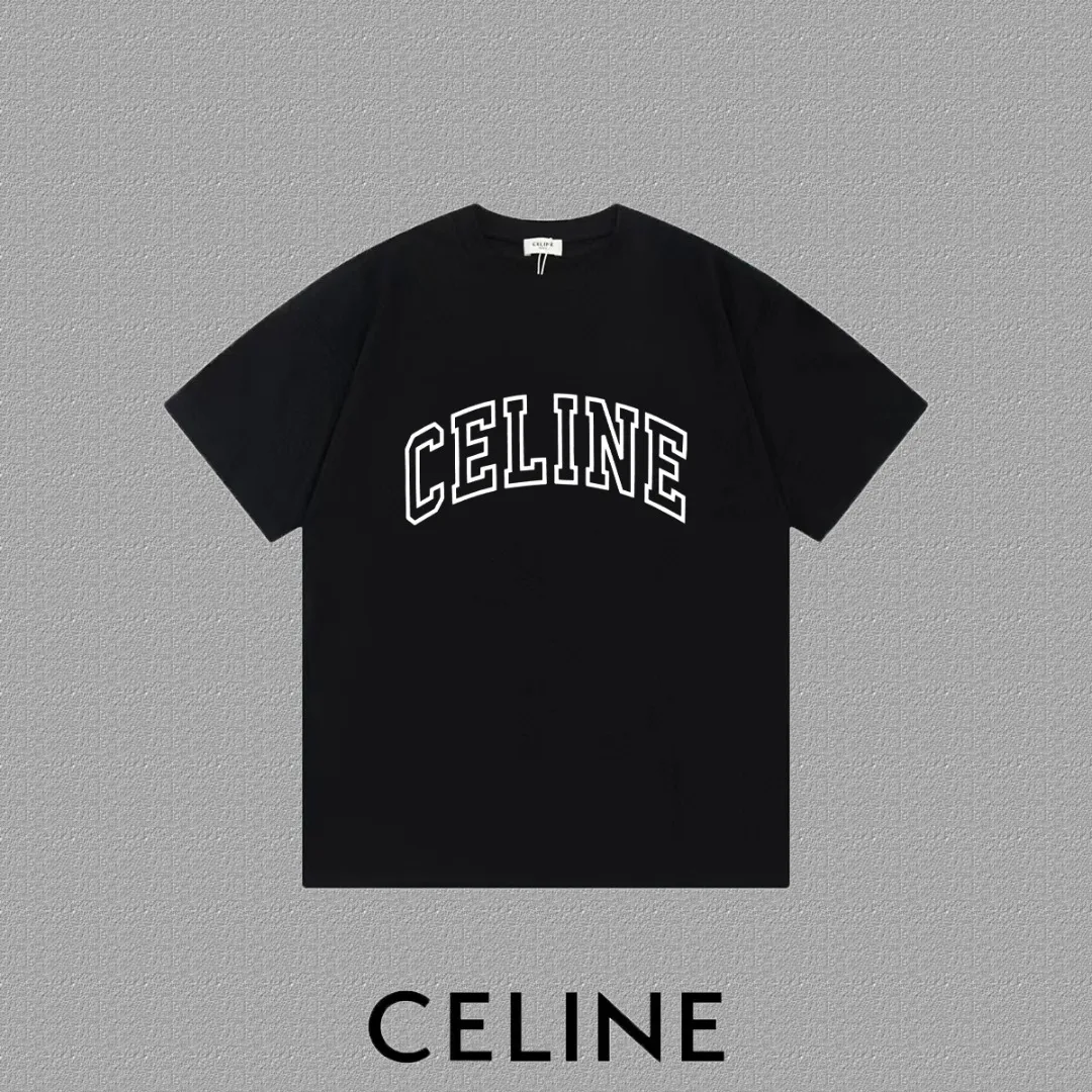 🅿️170 ✨🔥 [CELINE] 2025FW short-sleeved T-shirt, silicone thick plate letter LOGO, high-end 26s double yarn 300g fabric, heavy fabric, custom stretcher rib, same cylinder and dye, complete three standards, same style for men and women, color: black, white, size: S M L XL 2XL