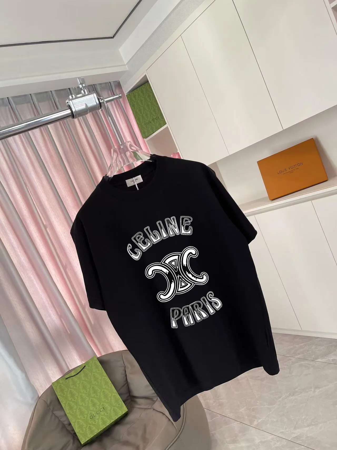 🅿️170 Celine 2025 summer new style personalized letter logo printing customized fabric 300g short-sleeved T-shirt for men and women size: S M L XL XXL five sizes color: black white pink sky blue