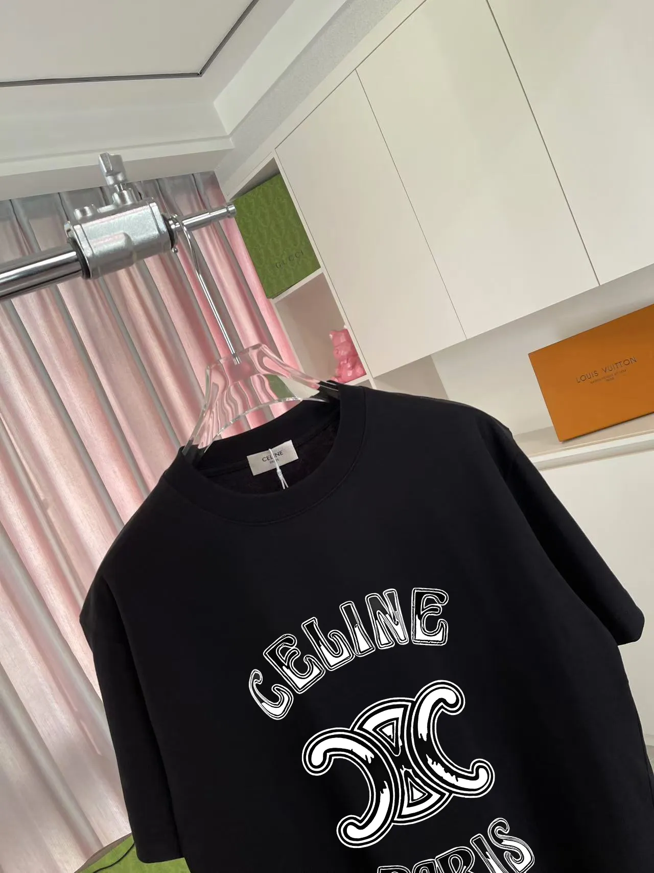 🅿️170 Celine 2025 summer new style personalized letter logo printing customized fabric 300g short-sleeved T-shirt for men and women size: S M L XL XXL five sizes color: black white pink sky blue