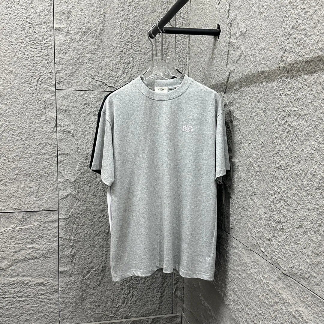 🅿️180 Celi* Celi Celin 2025 Spring and Summer Style Simple letter small embroidery personalized logo Customized double yarn plain cotton fabric Short-sleeved T-shirt Uniform for men and women Color: Black White Angora Red Floral Gray Size: S (90-130 catties) M (120-150 catties) L (140-165 catties) XL (160-180 pounds) XXL (180-210 pounds)