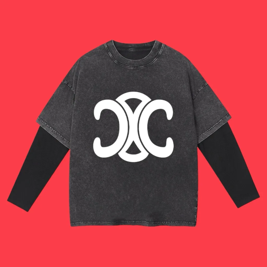 🅿️240 (cooperation profit) High-end quality CELINE 2025SS spring and summer wear fake two-piece washed snowflake series Arc de Triomphe fake two-piece long T-shirt Adopt imported Kornit digital direct-injection printing High-quality trendy brand 100% cotton washed 260G fabric dyed ready-made garments dyed ➕washed fried snowflake OS loose off-shoulder version Unisex size: S.M.L.XL.2XL