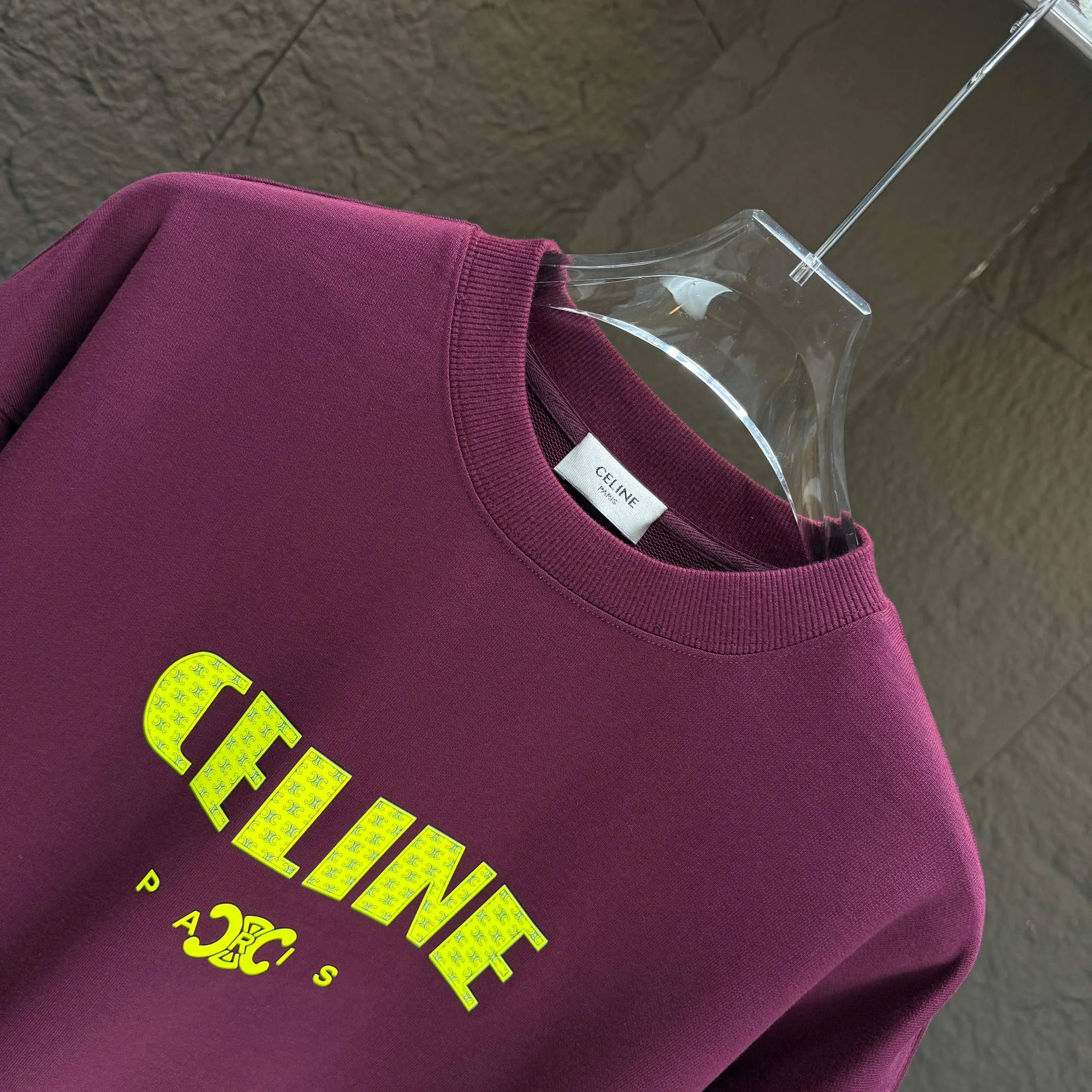 🅿️250 CELIN* 2025 autumn and winter new round neck sweatshirt 400g terry cotton letter logo three-dimensional silicone Color: Black White Purple Gray Size: S M L XL XXL