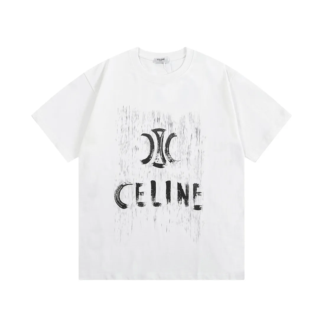 🅿️170 high version Celine Celine 2025 new style customized 310g double yarn pure cotton fabric hand-painted graffiti letter logo same style for men and women short-sleeved T-shirt Color: White Size: S-XL