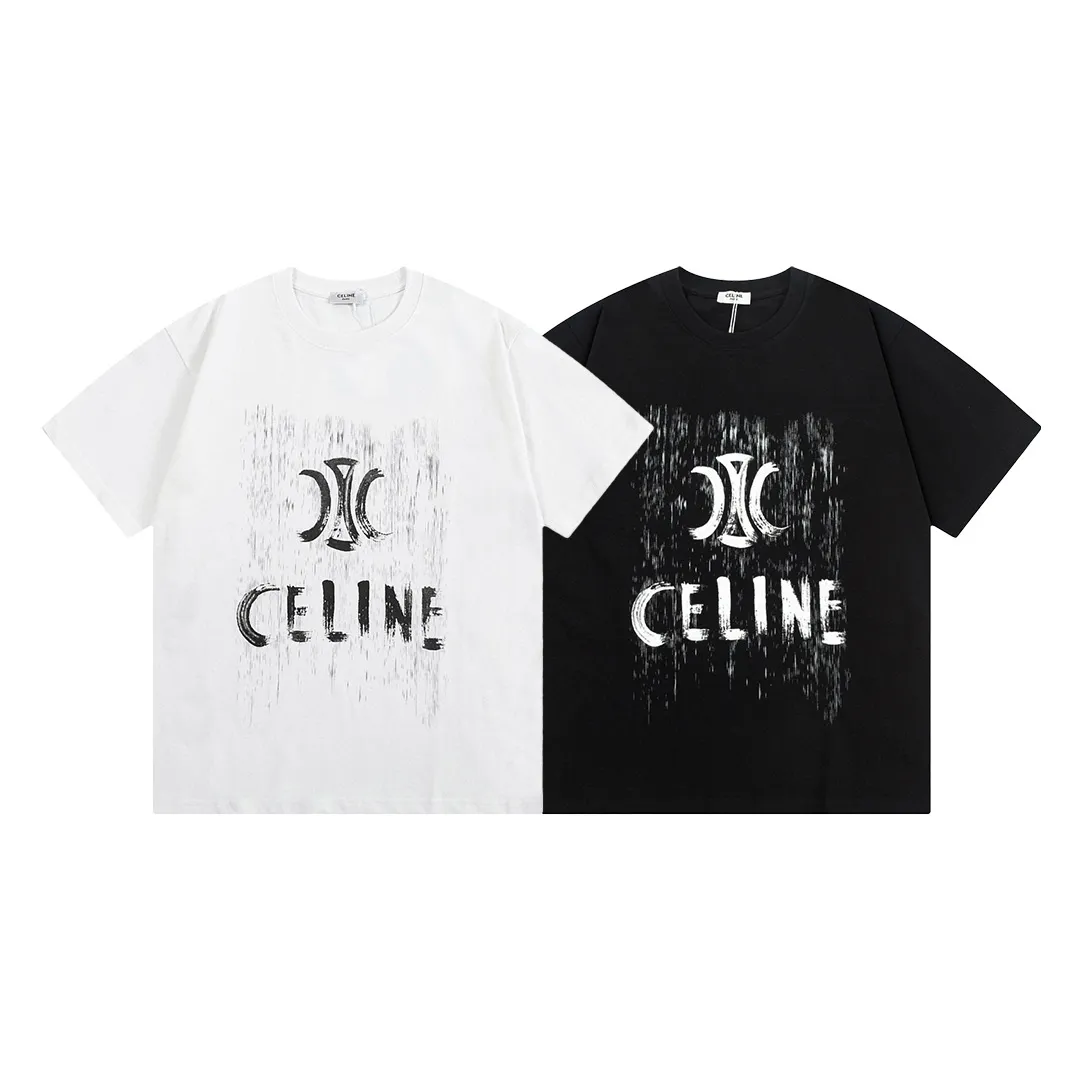 🅿️170 high version Celine Celine 2025 new style customized 310g double yarn pure cotton fabric hand-painted graffiti letter logo same style for men and women short-sleeved T-shirt Color: White Size: S-XL