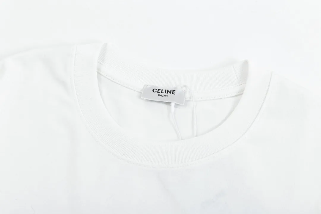 🅿️170 high version Celine Celine 2025 new style customized 310g double yarn pure cotton fabric hand-painted graffiti letter logo same style for men and women short-sleeved T-shirt Color: White Size: S-XL