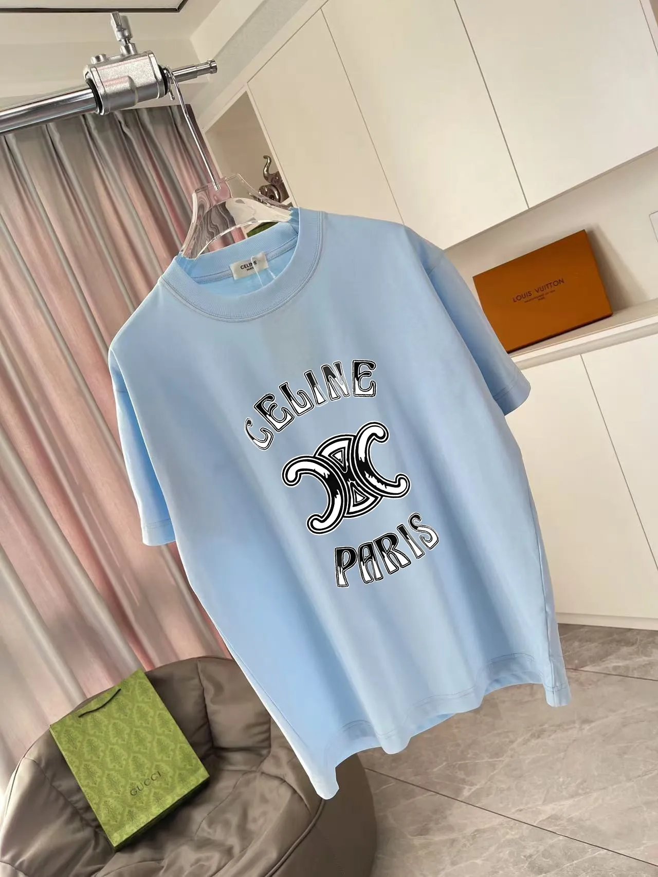 🅿️170 Celine 2025 summer new style personalized letter logo printing customized fabric 300g short-sleeved T-shirt for men and women size: S M L XL XXL five sizes color: black white pink sky blue
