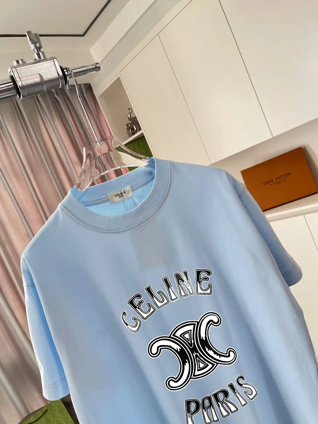 🅿️170 Celine 2025 summer new style personalized letter logo printing customized fabric 300g short-sleeved T-shirt for men and women size: S M L XL XXL five sizes color: black white pink sky blue