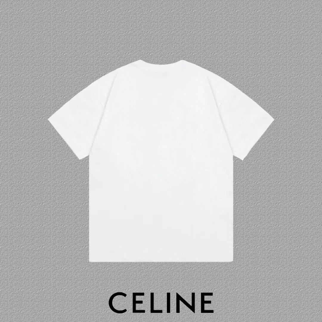 🅿️170 ✨🔥 [CELINE] 2025FW short-sleeved T-shirt, letter LOGO printing, high-end 26s double yarn 300g fabric, heavy fabric, custom stretcher rib, same vat and dye, complete three standards, same style for men and women, color: black, white, gray, size: S M L XL 2XL
