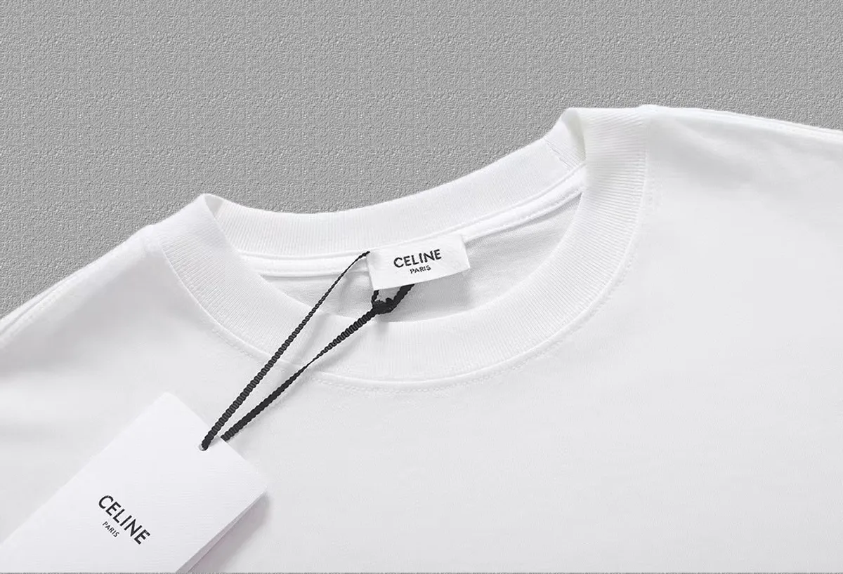 🅿️170 ✨🔥 [CELINE] 2025FW short-sleeved T-shirt, letter LOGO printing, high-end 26s double yarn 300g fabric, heavy fabric, custom stretcher rib, same vat and dye, complete three standards, same style for men and women, color: black, white, gray, size: S M L XL 2XL