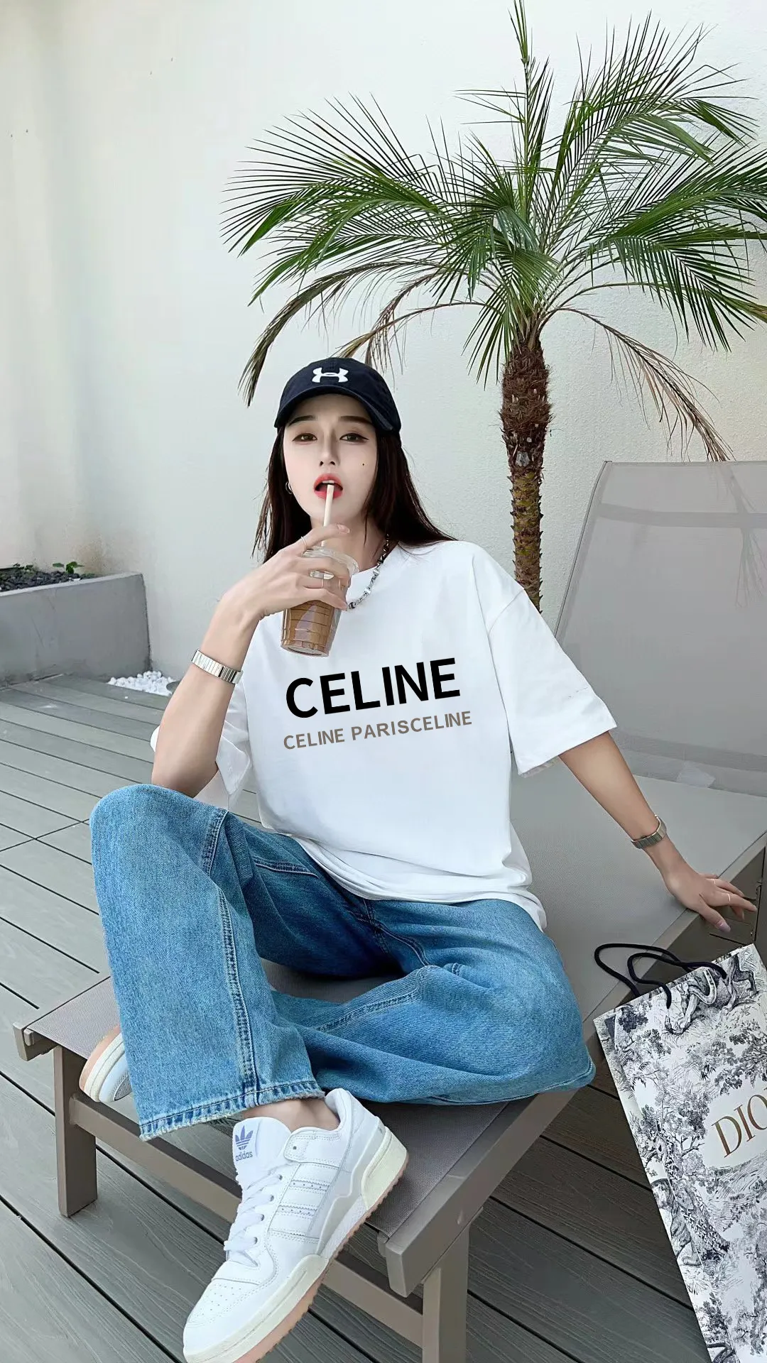 🅿️170 ✨🔥 [CELINE] 2025FW short-sleeved T-shirt, letter LOGO printing, high-end 26s double yarn 300g fabric, heavy fabric, custom stretcher rib, same vat and dye, complete three standards, same style for men and women, color: black, white, gray, size: S M L XL 2XL