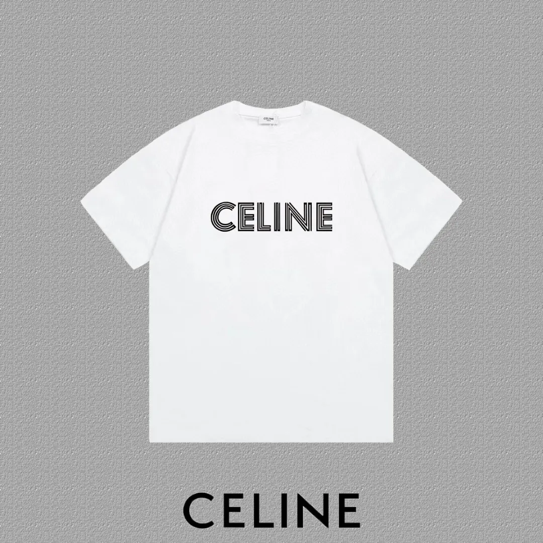 🅿️170 ✨🔥 [CELINE] 2025FW short-sleeved T-shirt, flocked line letter LOGO, high-end 26s double yarn 300g fabric, heavy fabric, custom stretcher rib, same cylinder and dye, complete three standards, same style for men and women, color: black, white, size: S M L XL 2XL