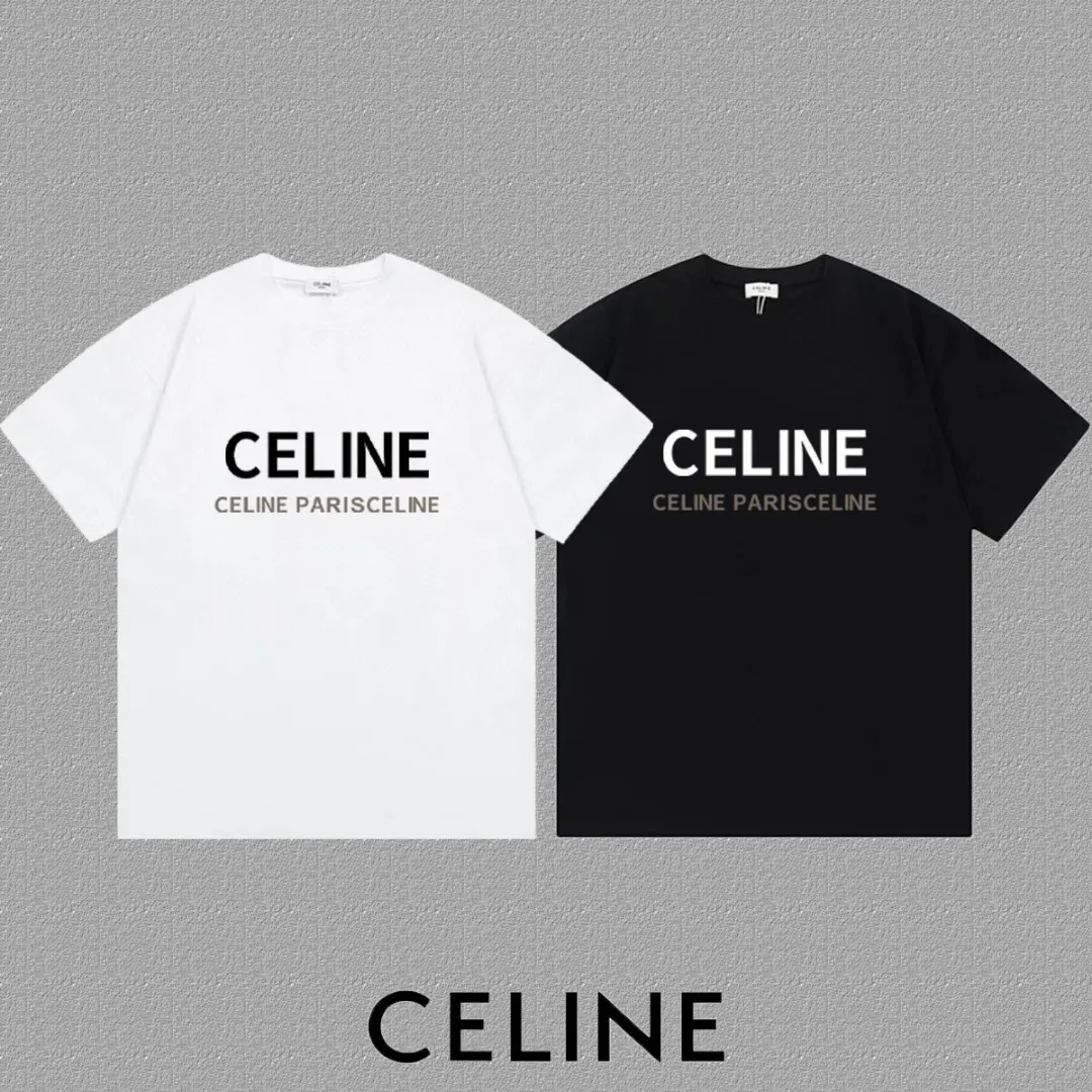 🅿️170 ✨🔥 [CELINE] 2025FW short-sleeved T-shirt, letter LOGO printing, high-end 26s double yarn 300g fabric, heavy fabric, custom stretcher rib, same vat and dye, complete three standards, same style for men and women, color: black, white, gray, size: S M L XL 2XL
