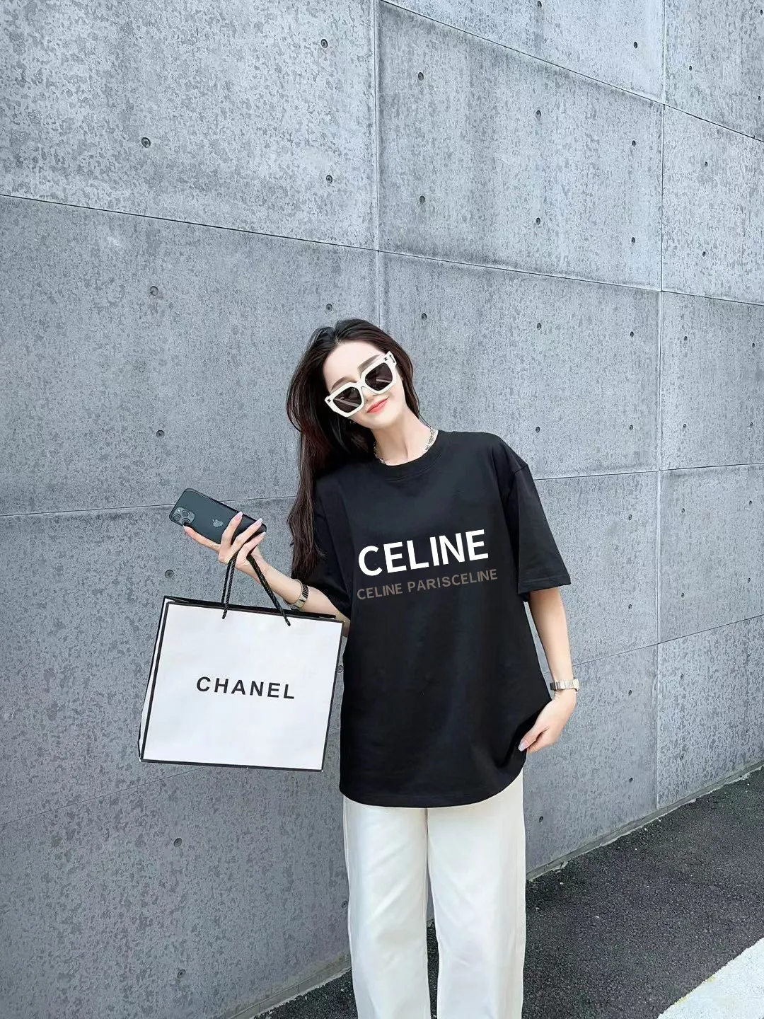 🅿️170 ✨🔥 [CELINE] 2025FW short-sleeved T-shirt, letter LOGO printing, high-end 26s double yarn 300g fabric, heavy fabric, custom stretcher rib, same vat and dye, complete three standards, same style for men and women, color: black, white, gray, size: S M L XL 2XL