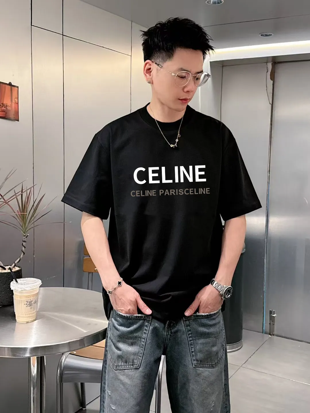 🅿️170 ✨🔥 [CELINE] 2025FW short-sleeved T-shirt, letter LOGO printing, high-end 26s double yarn 300g fabric, heavy fabric, custom stretcher rib, same vat and dye, complete three standards, same style for men and women, color: black, white, gray, size: S M L XL 2XL