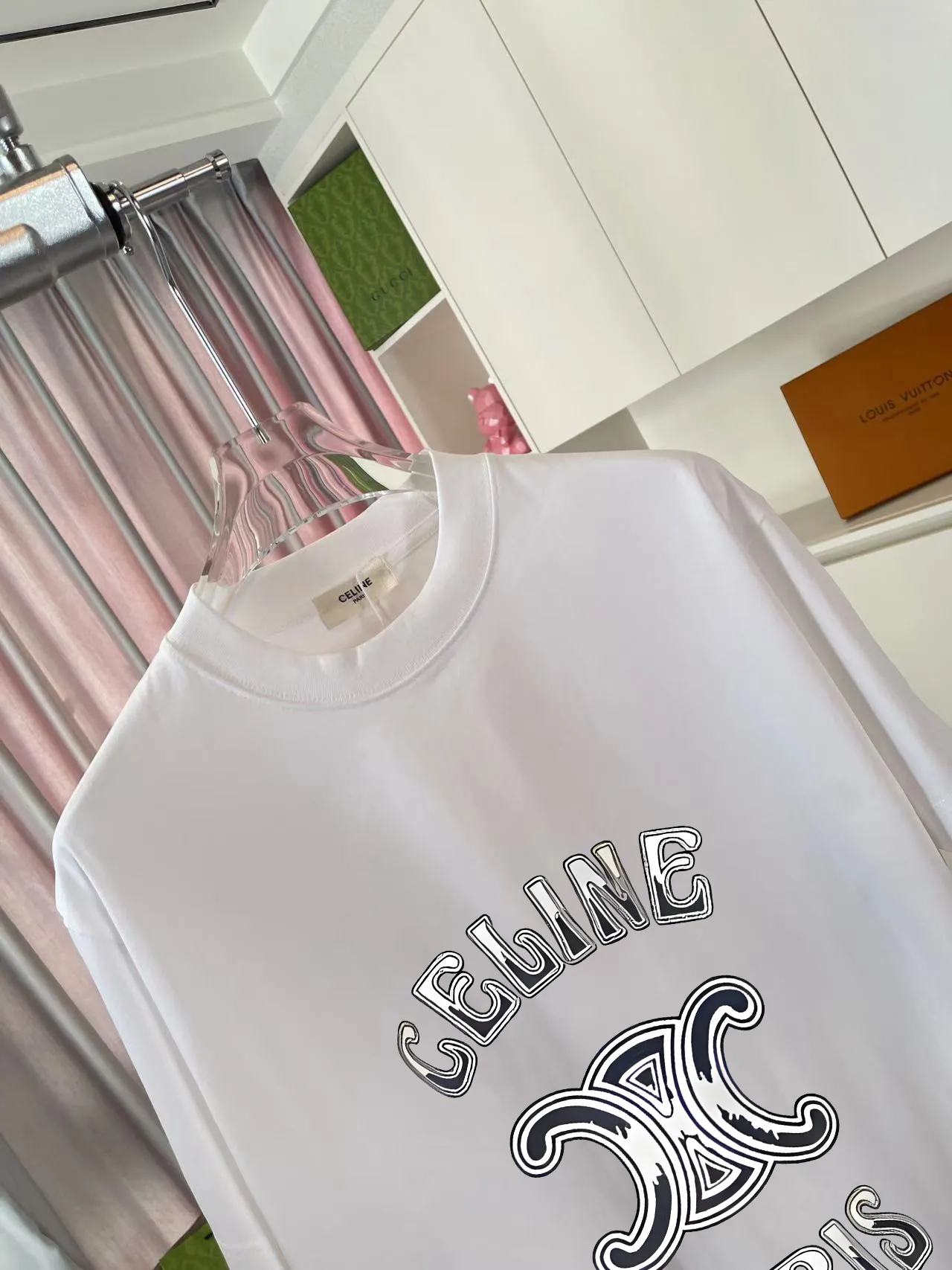 🅿️170 Celine 2025 summer new style personalized letter logo printing customized fabric 300g short-sleeved T-shirt for men and women size: S M L XL XXL five sizes color: black white pink sky blue