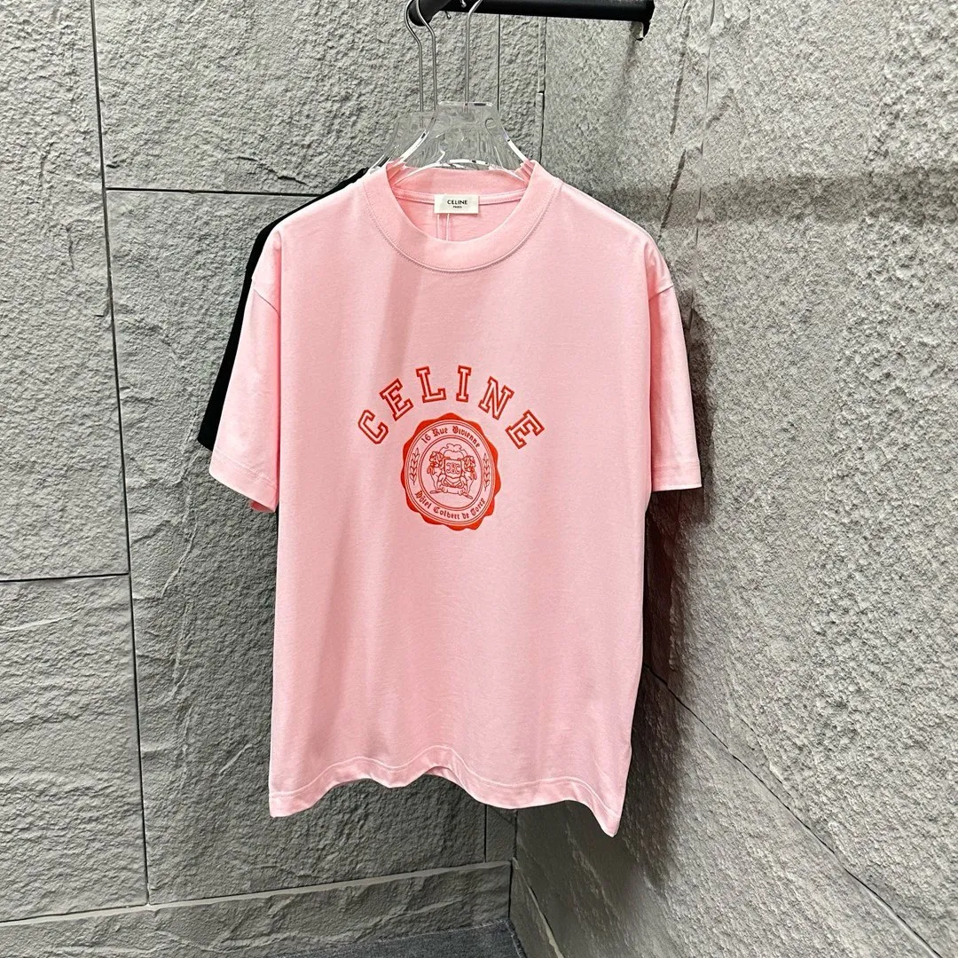 🅿️180 Celi* Celine 2025 spring and summer style Simple letter flocking process personalized logo Customized double yarn plain cotton fabric Short-sleeved T-shirt Unisex Size: S (90-130 catties) M (120-150 catties) L (140-165 catties) XL (160-180 catties) XXL (180-210 catties) Color: black white light pink