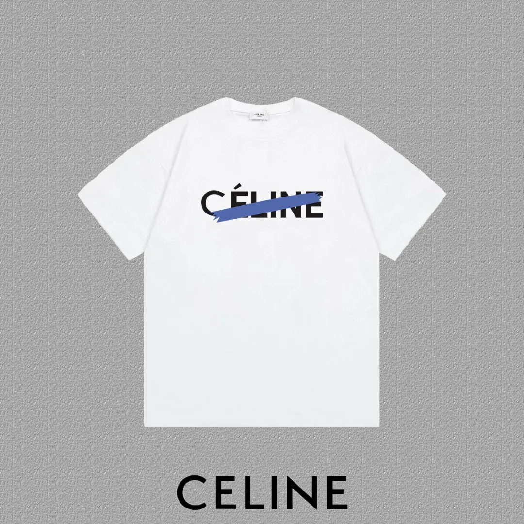 🅿️170 ✨🔥 [CELINE] 2025FW short-sleeved T-shirt, letter LOGO printing, high-end 26s double yarn 300g fabric, heavy fabric, custom stretcher rib, same vat and dye, complete three standards, same style for men and women, color: black, white, size: S M L XL 2XL