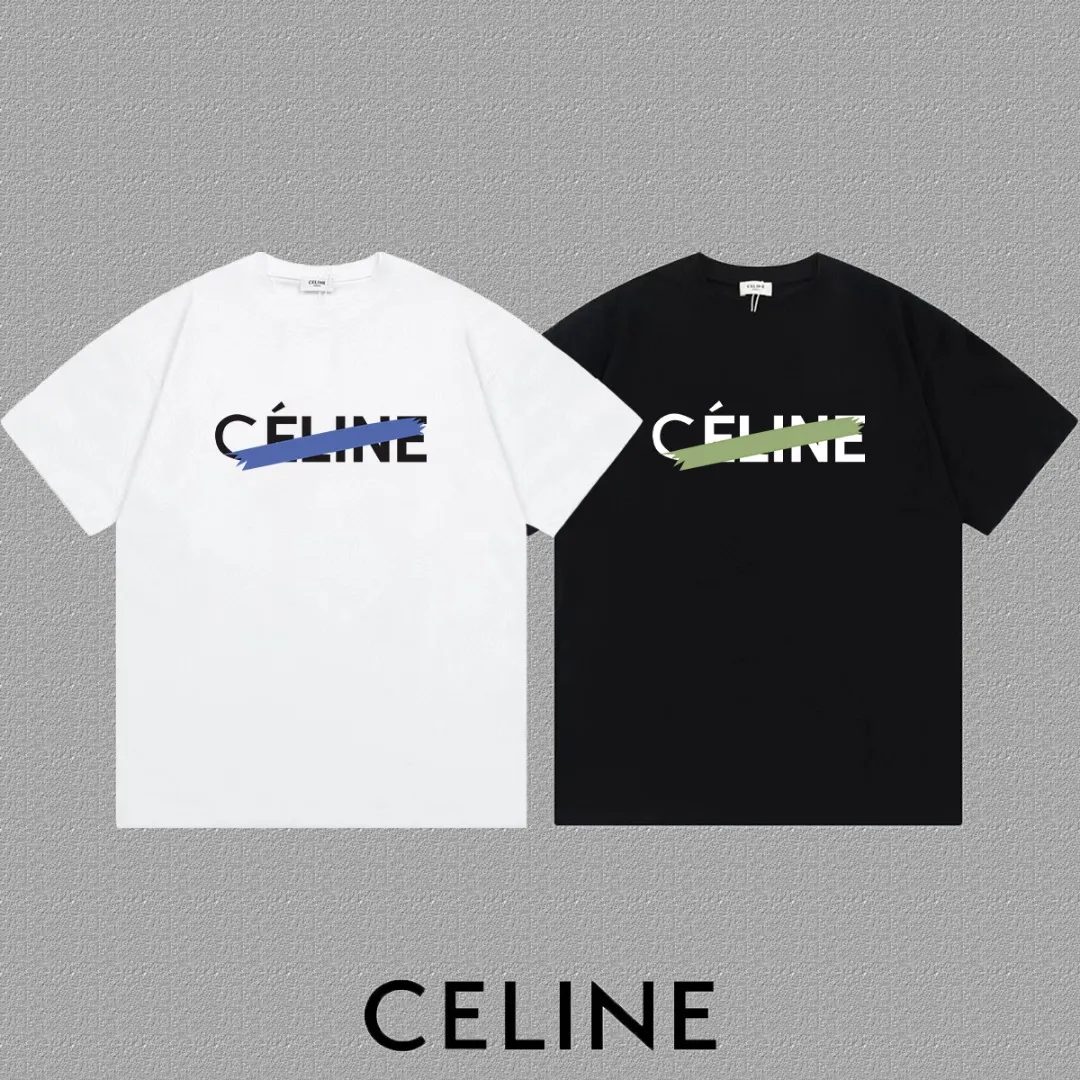 🅿️170 ✨🔥 [CELINE] 2025FW short-sleeved T-shirt, letter LOGO printing, high-end 26s double yarn 300g fabric, heavy fabric, custom stretcher rib, same vat and dye, complete three standards, same style for men and women, color: black, white, size: S M L XL 2XL