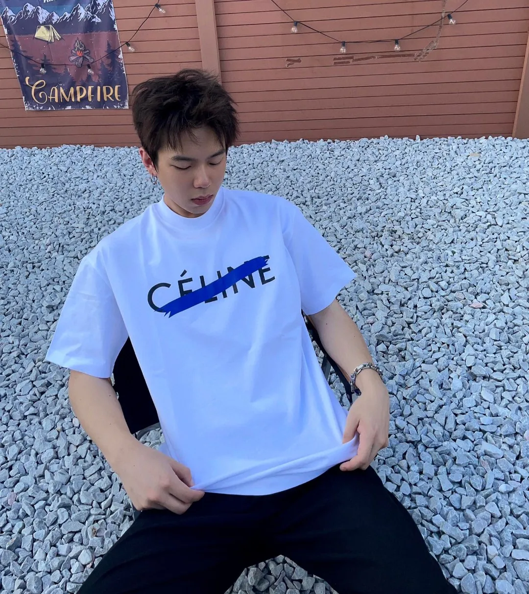 🅿️170 ✨🔥 [CELINE] 2025FW short-sleeved T-shirt, letter LOGO printing, high-end 26s double yarn 300g fabric, heavy fabric, custom stretcher rib, same vat and dye, complete three standards, same style for men and women, color: black, white, size: S M L XL 2XL