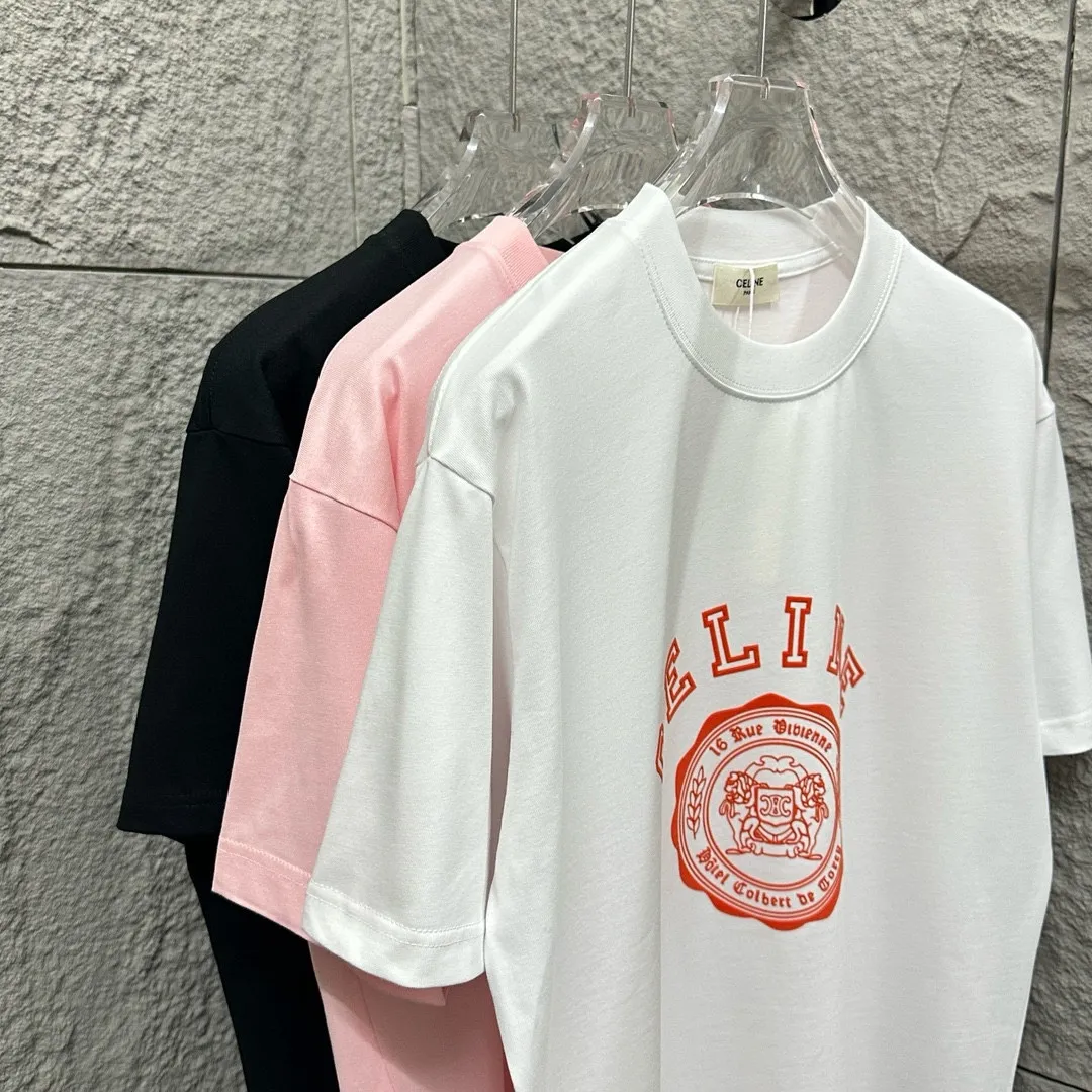 🅿️180 Celi* Celine 2025 spring and summer style Simple letter flocking process personalized logo Customized double yarn plain cotton fabric Short-sleeved T-shirt Unisex Size: S (90-130 catties) M (120-150 catties) L (140-165 catties) XL (160-180 catties) XXL (180-210 catties) Color: black white light pink