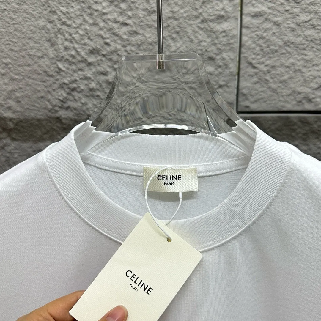 🅿️180 Celi* Celine 2025 spring and summer style Simple letter flocking process personalized logo Customized double yarn plain cotton fabric Short-sleeved T-shirt Unisex Size: S (90-130 catties) M (120-150 catties) L (140-165 catties) XL (160-180 catties) XXL (180-210 catties) Color: black white light pink