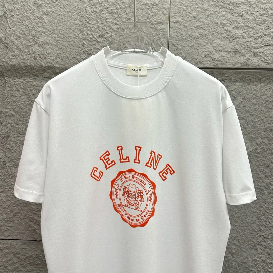 🅿️180 Celi* Celine 2025 spring and summer style Simple letter flocking process personalized logo Customized double yarn plain cotton fabric Short-sleeved T-shirt Unisex Size: S (90-130 catties) M (120-150 catties) L (140-165 catties) XL (160-180 catties) XXL (180-210 catties) Color: black white light pink