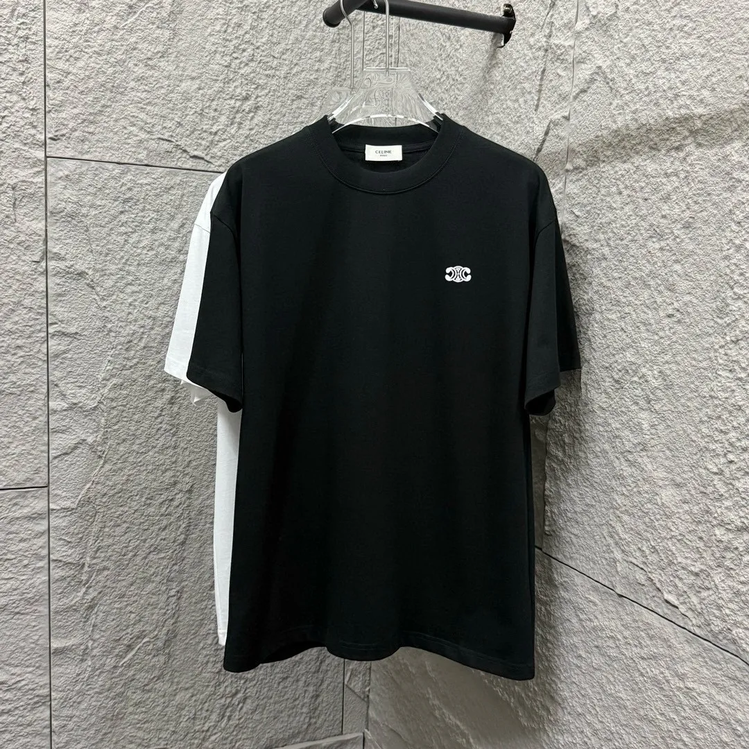 🅿️180 Celi* Celine 2025 Spring and Summer Style Simple letter small embroidery personalized logo Customized double yarn plain cotton fabric Short-sleeved T-shirt Uniform for men and women Color: Black White Angora Red Floral Gray Size: S (90-130 catties) M (120-150 catties) L (140-165 catties) XL (160-180 catties) XXL (180-210 pounds)