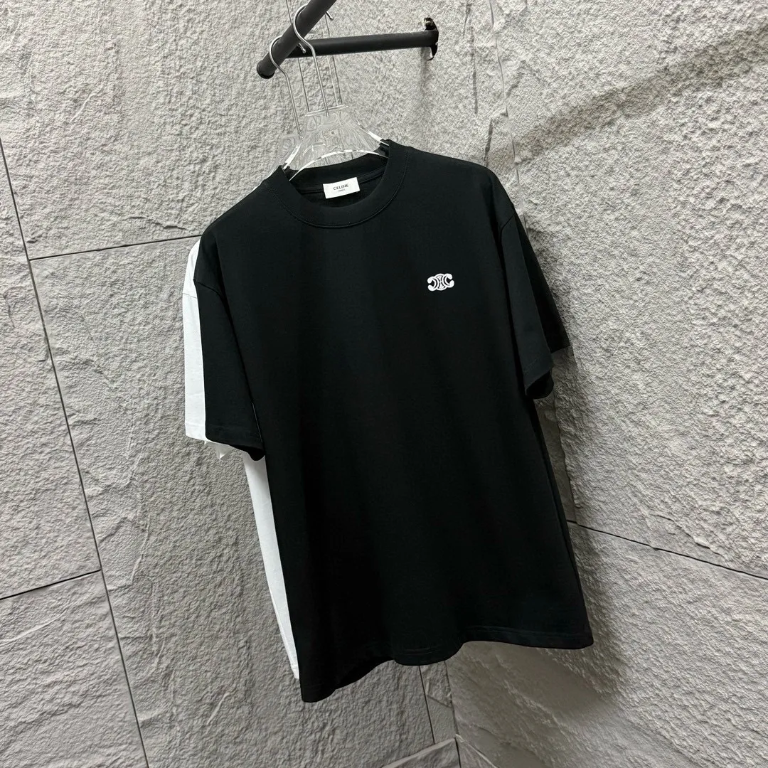 🅿️180 Celi* Celine 2025 Spring and Summer Style Simple letter small embroidery personalized logo Customized double yarn plain cotton fabric Short-sleeved T-shirt Uniform for men and women Color: Black White Angora Red Floral Gray Size: S (90-130 catties) M (120-150 catties) L (140-165 catties) XL (160-180 catties) XXL (180-210 pounds)