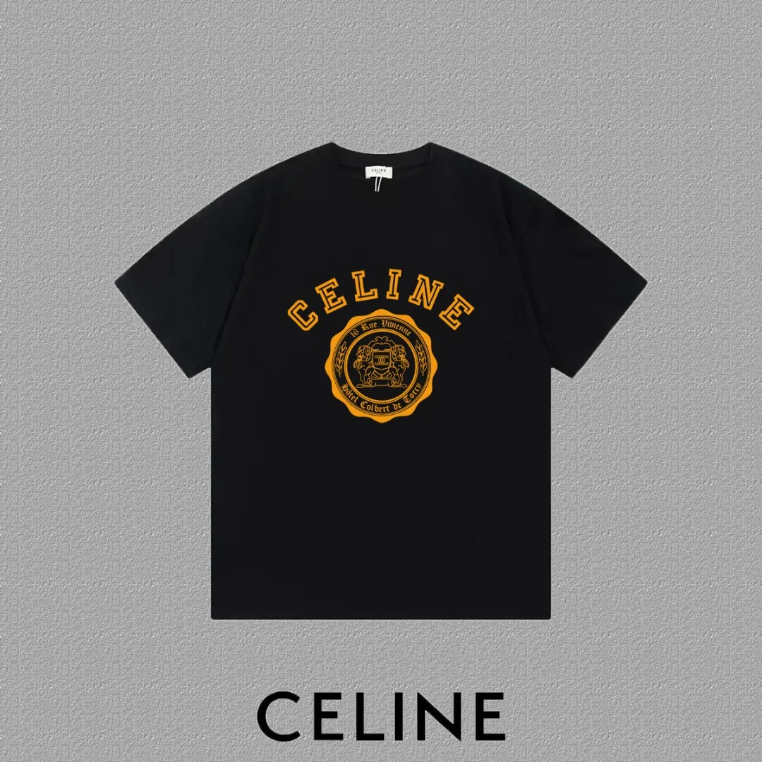 🅿️170 ✨🔥 [CELINE] 2025FW short-sleeved T-shirt, letter LOGO printing, high-end 26s double yarn 300g fabric, heavy fabric, custom stretcher rib, same vat and dye, complete three standards, same style for men and women, color: black, white, size: S M L XL 2XL
