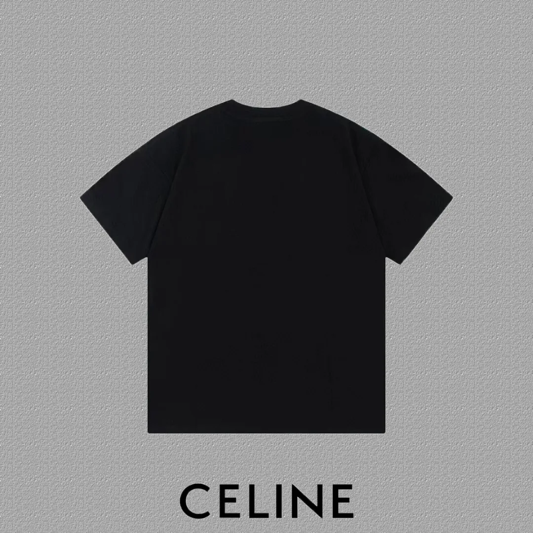 🅿️170 ✨🔥 [CELINE] 2025FW short-sleeved T-shirt, letter LOGO printing, high-end 26s double yarn 300g fabric, heavy fabric, custom stretcher rib, same vat and dye, complete three standards, same style for men and women, color: black, white, size: S M L XL 2XL