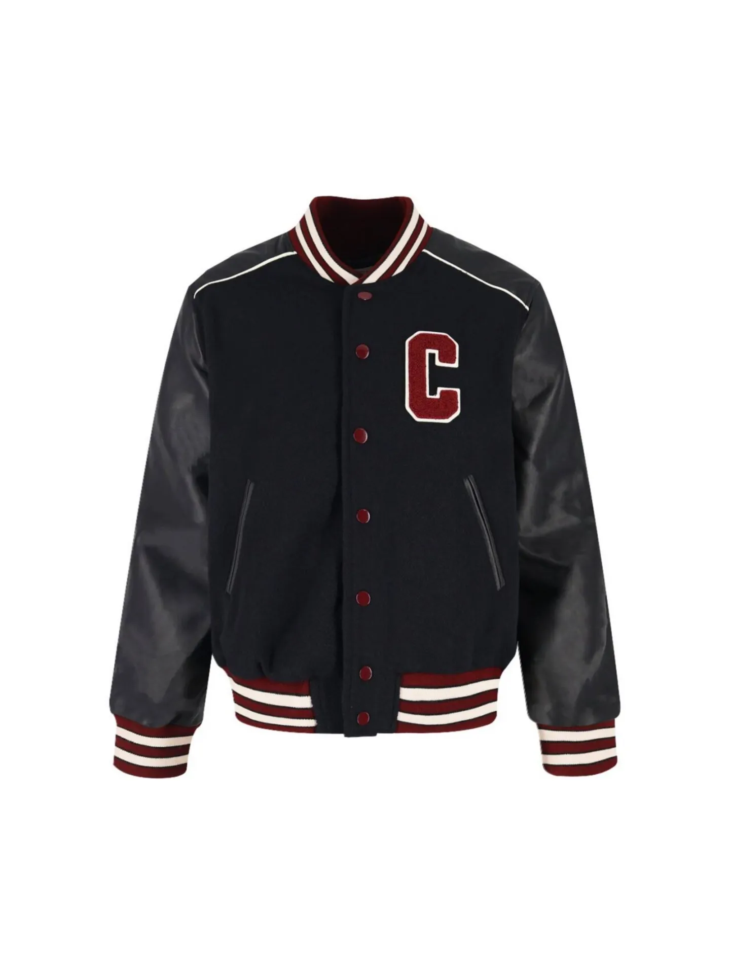 🅿️530 Celin* Celin's new autumn and winter black and red baseball jacket. Knitted textured fabric, bright leather sleeve design, knitted ribbing at the hem of the sleeves, slim fit and easy to wear. Same style for men and women. Size: XS-L