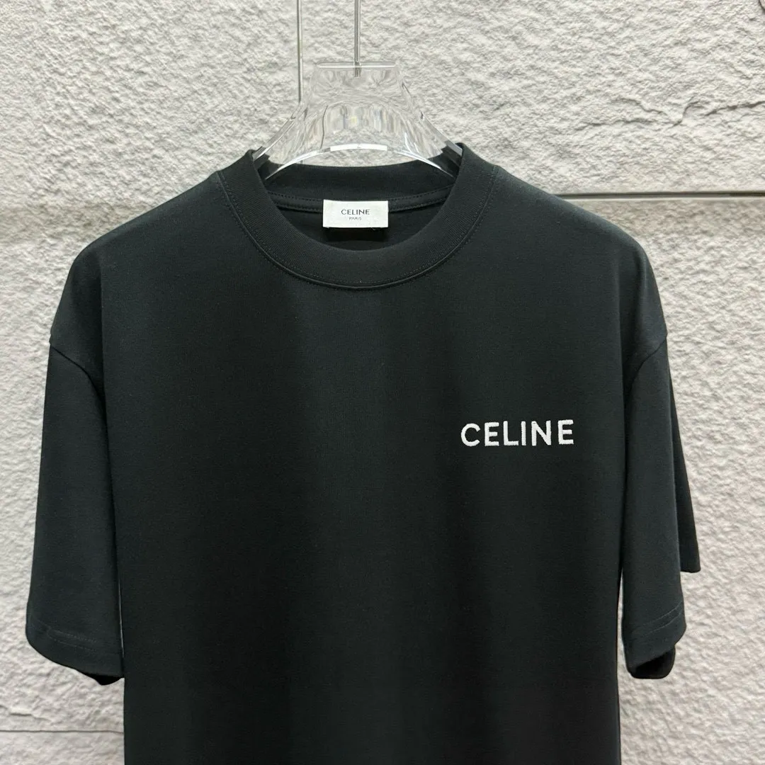 🅿️180 Celi* Celin Celin 2025 spring and summer style Simple letter embroidery personalized logo Customized double yarn plain cotton fabric Short-sleeved T-shirt Uniform for men and women Size: S (90-130 catties) M (120-150 catties) L (140-165 catties) XL (160-180 catties) XXL (180-210 catties) Color: black white