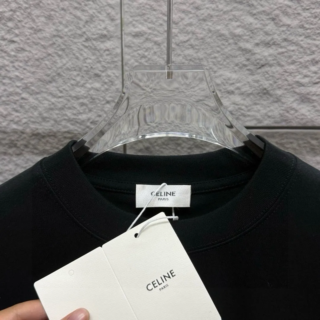 🅿️180 Celi* Celin Celin 2025 spring and summer style Simple letter embroidery personalized logo Customized double yarn plain cotton fabric Short-sleeved T-shirt Uniform for men and women Size: S (90-130 catties) M (120-150 catties) L (140-165 catties) XL (160-180 catties) XXL (180-210 catties) Color: black white