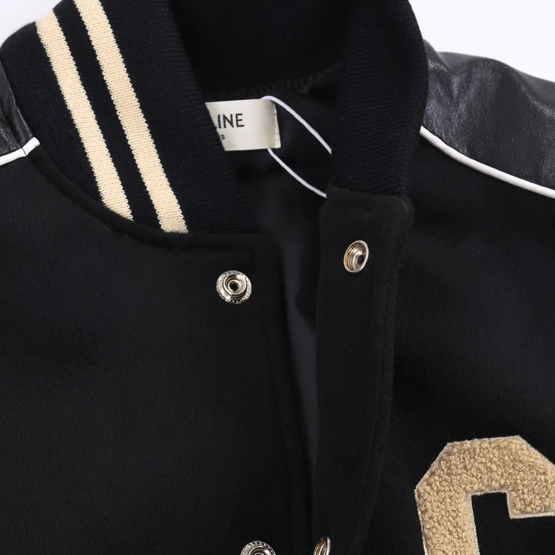 🅿️470 Celine towel embroidered big C leather Teddy baseball jacket, cashmere leather baseball jacket. The fit is crisp and stylish. I also like the small stand-up collar design. It feels comfortable to the touch. The cuff threads are all customized on the flat machine. The back is super-precisely embroidered. The upper body is super beautiful and can be easily controlled by men and women. Color: black Size: XS S M L