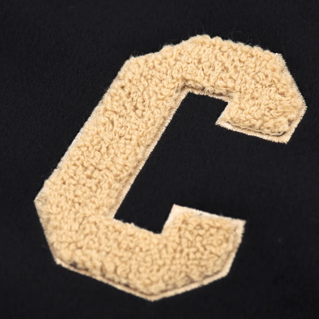 🅿️470 Celine towel embroidered big C leather Teddy baseball jacket, cashmere leather baseball jacket. The fit is crisp and stylish. I also like the small stand-up collar design. It feels comfortable to the touch. The cuff threads are all customized on the flat machine. The back is super-precisely embroidered. The upper body is super beautiful and can be easily controlled by men and women. Color: black Size: XS S M L