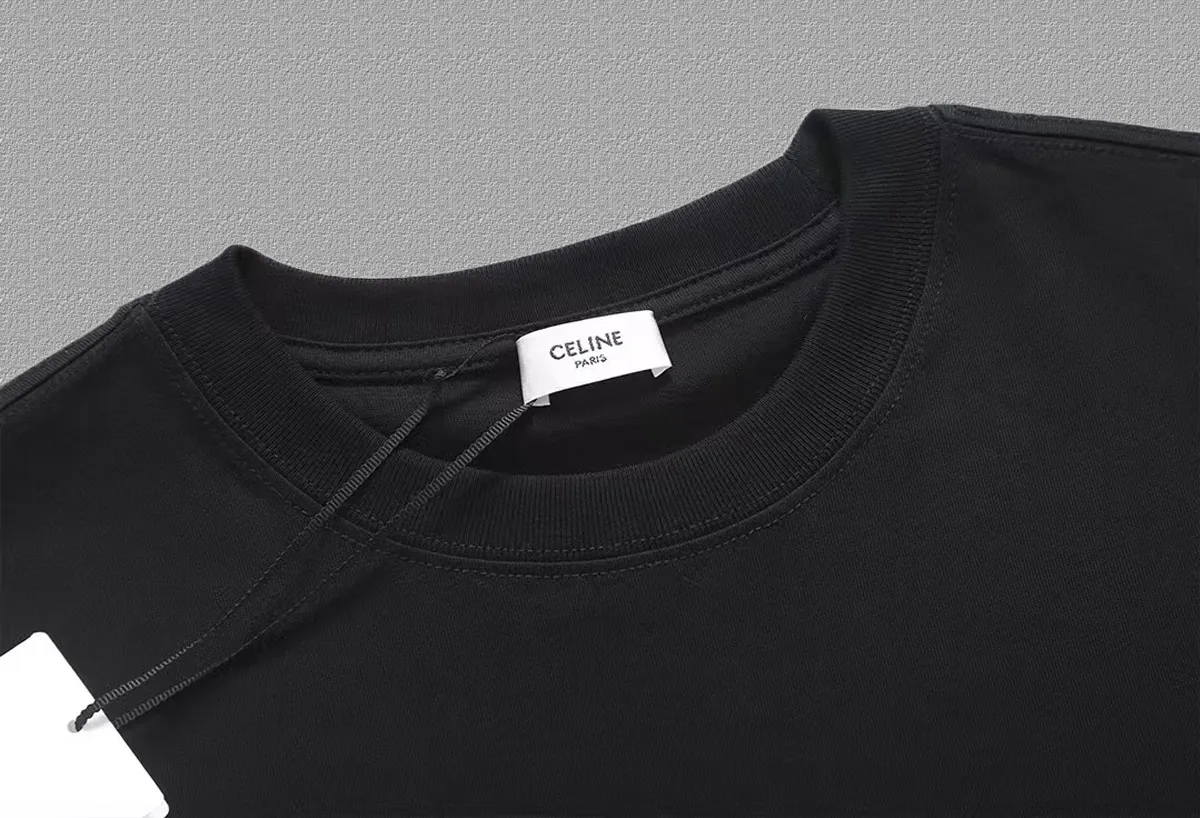 🅿️170 ✨🔥 [CELINE] 2025FW short-sleeved T-shirt, silicone thick plate letter LOGO, high-end 26s double yarn 300g fabric, heavy fabric, custom stretcher rib, same cylinder and dye, complete three standards, same style for men and women, color: black, white, size: S M L XL 2XL