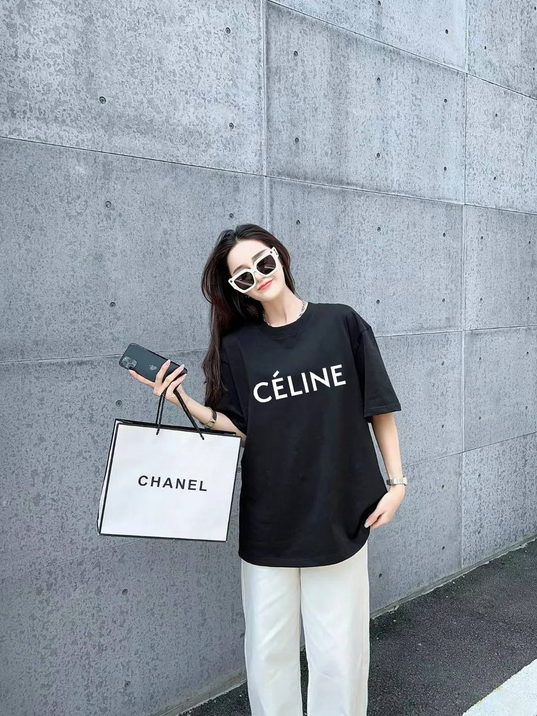 🅿️170 ✨🔥 [CELINE] 2025FW short-sleeved T-shirt, silicone thick plate letter LOGO, high-end 26s double yarn 300g fabric, heavy fabric, custom stretcher rib, same cylinder and dye, complete three standards, same style for men and women, color: black, white, size: S M L XL 2XL