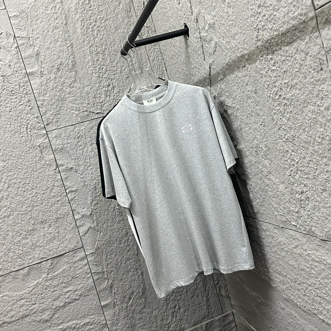 🅿️180 Celi* Celine 2025 Spring and Summer Style Simple letter small embroidery personalized logo Customized double yarn plain cotton fabric Short-sleeved T-shirt Uniform for men and women Color: Black White Angora Red Floral Gray Size: S (90-130 catties) M (120-150 catties) L (140-165 catties) XL (160-180 catties) XXL (180-210 pounds)