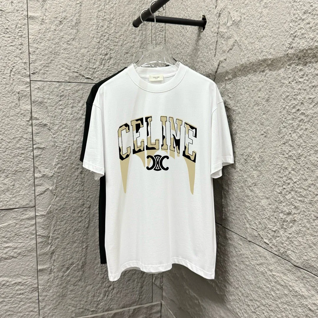 🅿️180 Celi* Celine 2025 spring and summer style Simple letter printing personalized logo Customized double yarn plain cotton fabric Short-sleeved T-shirt Unisex Size: S (90-130 catties) M (120-150 catties) L (140-165 catties) XL (160-180 catties) XXL (180-210 catties) Color: black white