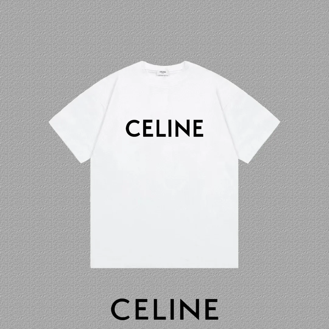 🅿️170 ✨🔥 [CELINE] 2025FW short-sleeved T-shirt, silicone thick plate letter LOGO, high-end 26s double yarn 300g fabric, heavy fabric, custom stretcher rib, same cylinder and dye, complete three standards, same style for men and women, color: black, white, size: S M L XL 2XL